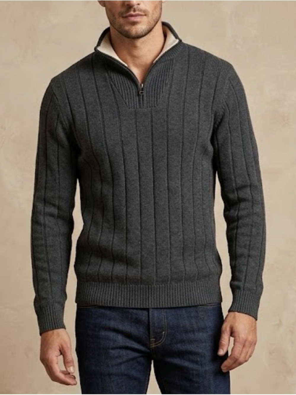 London Fog Vintage Navy Blue Zip Collar Sweater Men’s Medium 100% Cotton